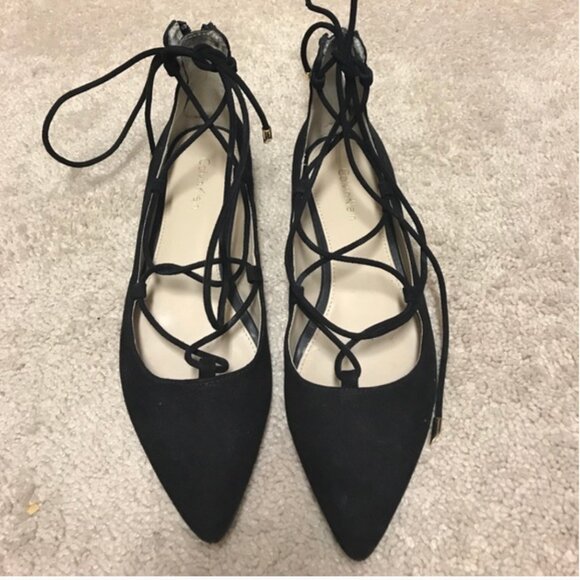 Calvin Klein Black Suede Lace Up Pointed Flats, Size 6, Excellent Condit… - Picture 1 of 3